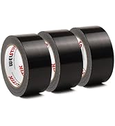 Three rolls of black industrial or utility tape with red lettering, arranged in a row.