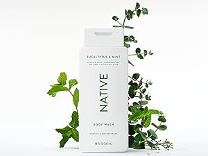 Native bodywash shown in harmony with eucalyptus & mint nature