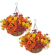 Hananona 2 Set Artificial Outdoor Fall Flowers with Hanging Basket, 2 Packs Hanging Planters with...