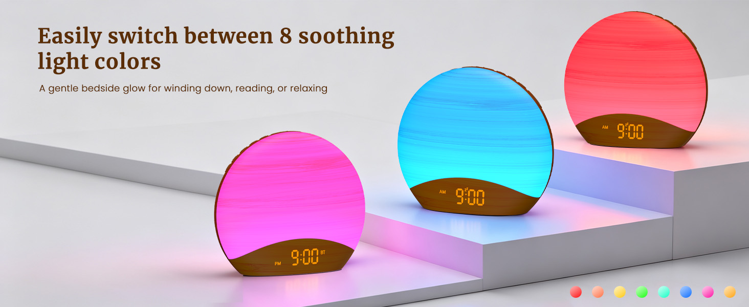 Easily switch between 8 soothing light colors