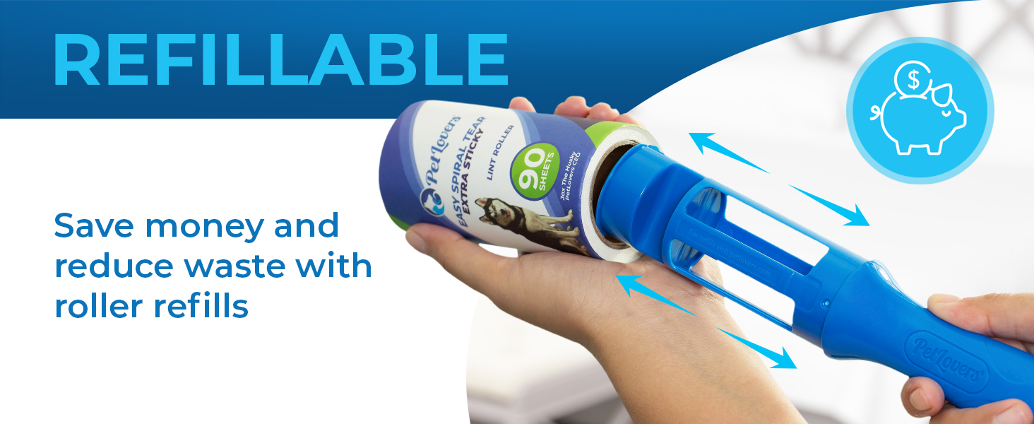 Text reads 'REFILLABLE'. Demonstration of blue correction roller tape being refilled, with hand shown inserting refill cartridge.