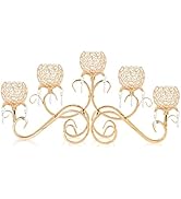 Kehail Gold 5 Arms 26.8 Inches Wide Crystal Pendant Bowl Tea Light Candle Holder, Large Bling Cen...