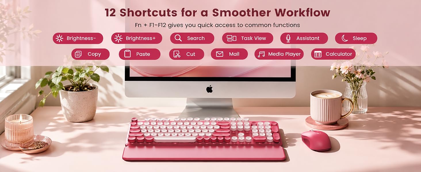 Pink round-key keyboard and matching mouse with wrist rest shown beneath 12 shortcut functions.