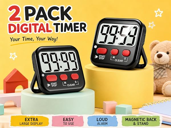 Text reads '2 PACK DIGITAL TIMER Your Time, Your Way!' Two black digital timer devices with display screens shown on yellow background with product feature callouts: 'EXTRA LARGE DISPLAY', 'EASY LOUD', 'LOUD ALARM', 'MAGNETIC BACK'.