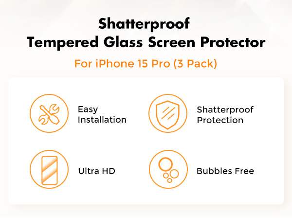 iPhone 15 Pro screen protector infographic showing four features: Easy Installation, Shatterproof Protection, Ultra HD, and Bubbles Free.