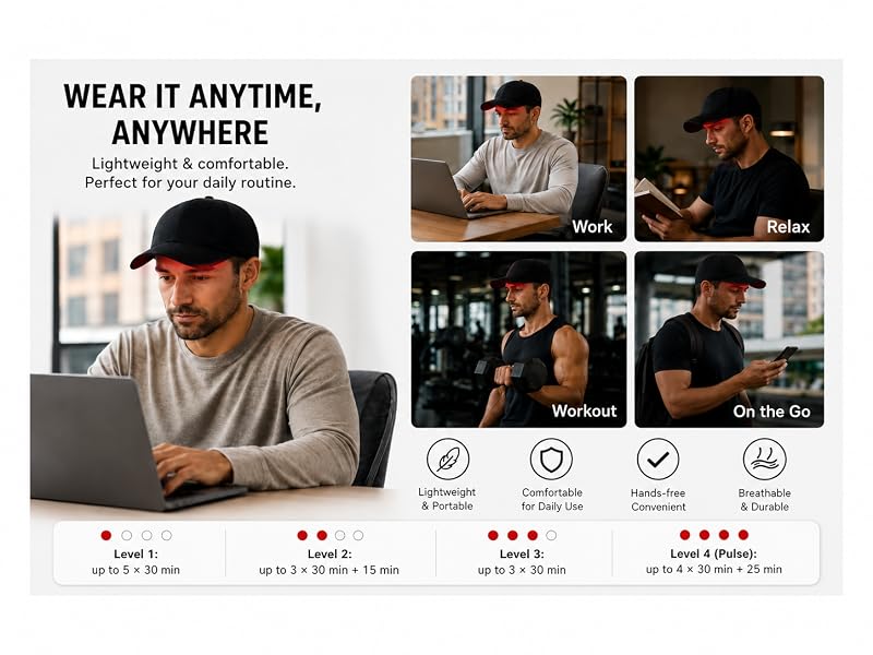 Lifestyle collage showing a cordless red light cap at home, at work and on the go.