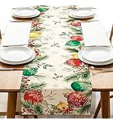 Croar Christmas Balls Dining Table Runner, Xmas Pine Needle Holly Red Berries Burlap Kitchen Deco...