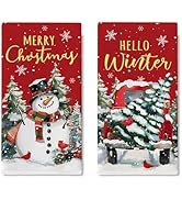 Croar Merry Christmas Snowman Red Truck Kitchen Dish Towels Set of 2, Hello Winter Xmas Tree Dryi...