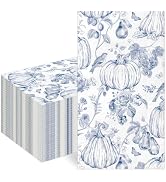 100 Pcs Fall Thanksgiving Guest Napkins, Blue Pumpkins Chinoiserie Napkins | Blue and White Pumpk...