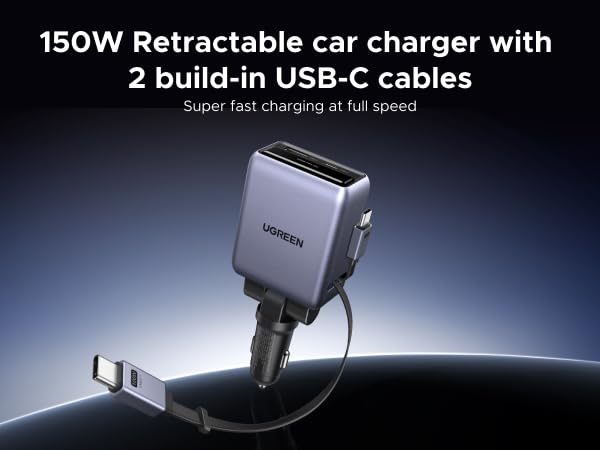 150W retractable car charger with two build-in USB-C cables