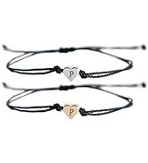 Custom heart initial thread string bracelet, waxed cord tiny charm adjustable bracelet for his an...