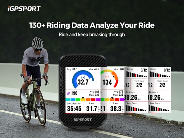 iGPSPORT cycling computer display showing ride statistics including speed, distance, and performance metrics on digital screen with graphical interface.