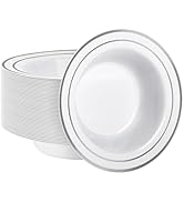 Goodluck 50 Pack Plastic Bowls with Silver Rim, 12oz Disposable Soup Bowls, Heavy Duty Dessert Bo...