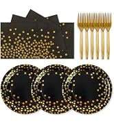 75PCS Paper Plates and Napkins Set - Black and Gold Dot Disposable Party Dinnerware Includes Pape...