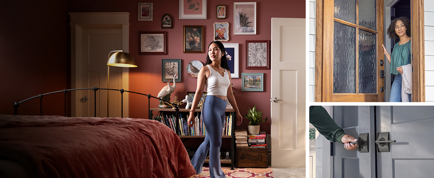 Various people in bedrooms, closets and front doors using Schlage door hardware to fit their style