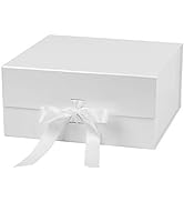 WRAPAHOLIC 2Pcs White Gift Box with Satin Ribbon, 8x8x4 Inches Collapsible Gift Box with Magnetic...
