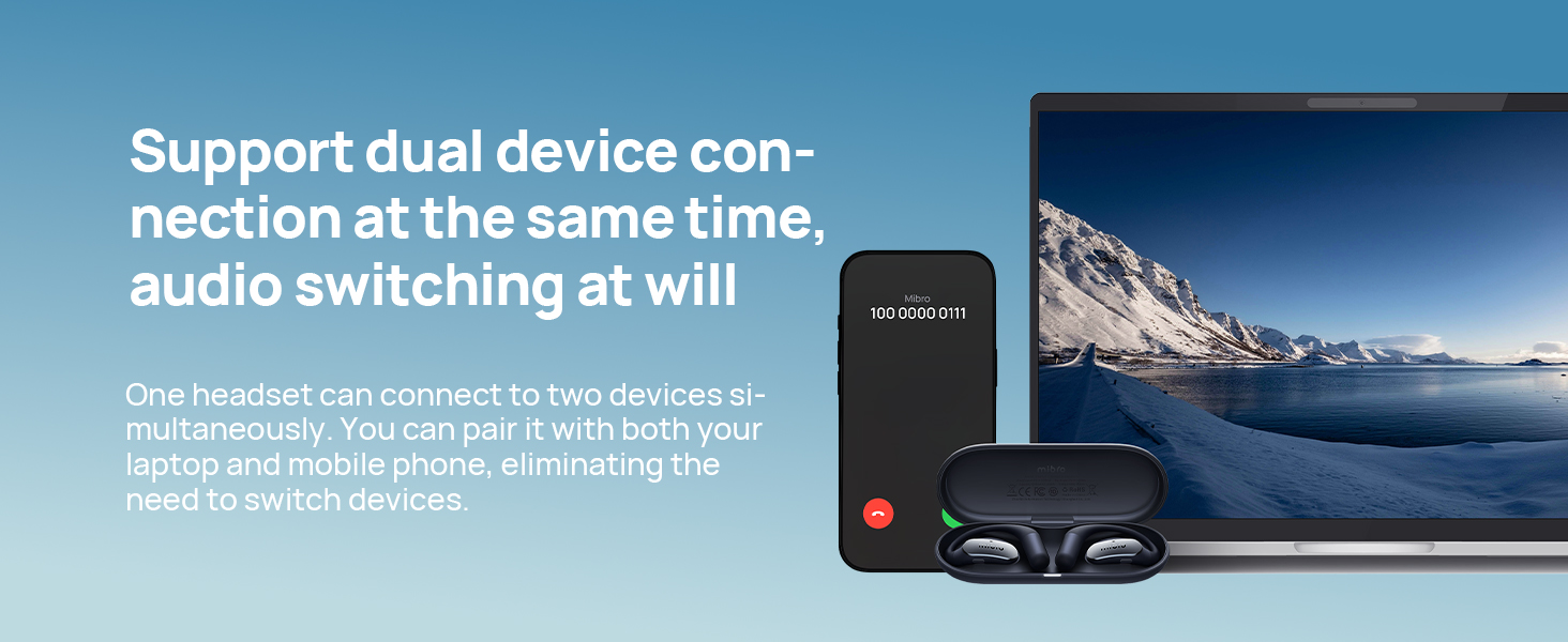 Text reads 'Support dual device connection at the same time.' Product marketing image showing dual device connectivity feature with laptop and smartphone against blue background.