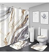 Nkzply 4 Pcs White Marble Shower Curtain Set Grey Bathroom Sets with Shower Curtain and Rugs Gold...