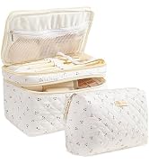 HBselect 2Pcs Double Layer Travel Makeup Bag Women, Cotton Quilted Makeup Bag Coquette Makeup Bag...