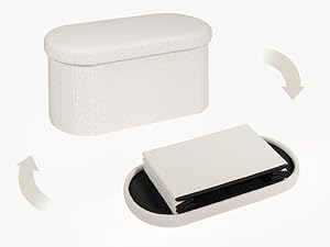 White oval storage box with flip-top lid. Two images show the box closed and open, revealing interior storage space.