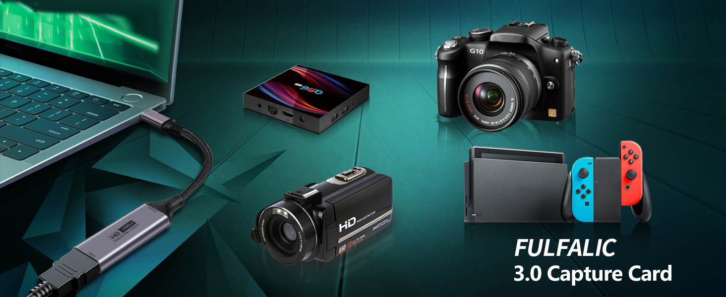 Text reads 'FULLPAK' and 'EFS Capture Card'. Electronic devices and gaming accessories arranged on teal-colored background with dramatic lighting.