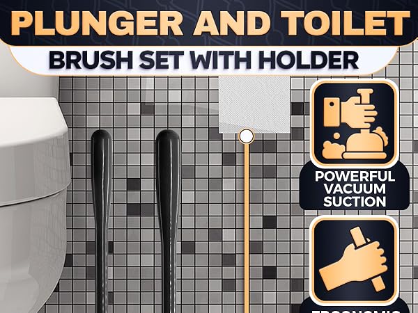 Black plunger and brush set decorative stands upright in a holder beside a mosaic tiled wall edge