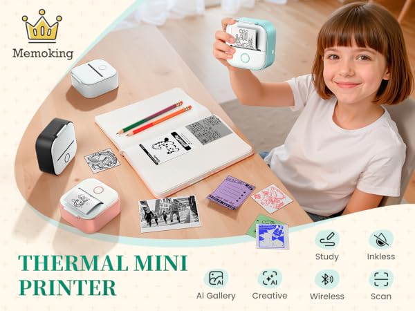 Memoking Mini Sticker Printer T02 Thermal Printer Portable Bluetooth Photo Printer Print Pods