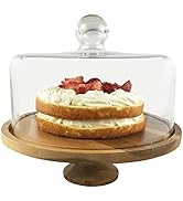 JOEY'Z Large Cake Stand with Glass Dome Cover Lid 11.5" Acaciawood Pedestal Stand Round Wood Serv...