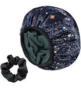 Yonchic Navy Astral Print Satin Shower Cap, Three-Layer Terry Cloth Lined, with Silk Hair Ties, M...