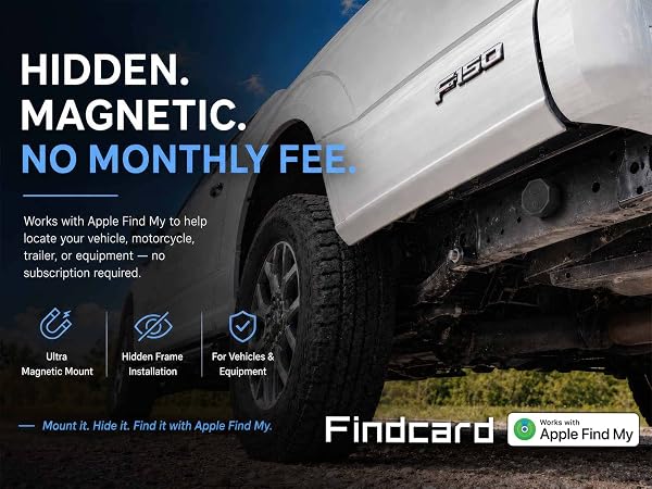 Findcard magnetic vehicle tracker mounted under a pickup truck frame