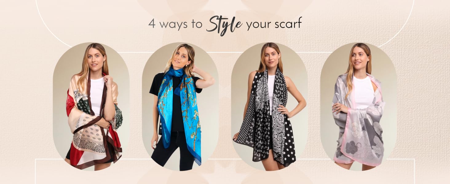 Text reads '4 ways to Style your scarf'. Tutorial showing four different styling options for wearing a scarf, demonstrated with various colored scarves and outfits.