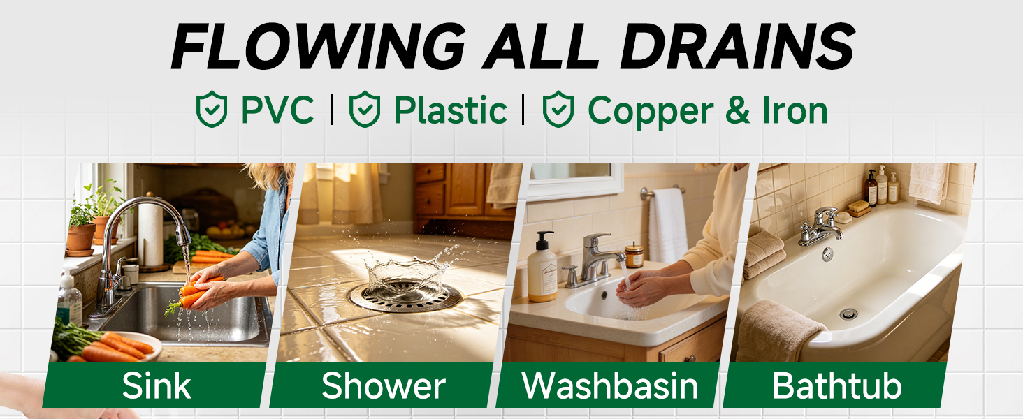 flowing all drains: pvc plastic copper & iron, sink shower washbasin bathtub