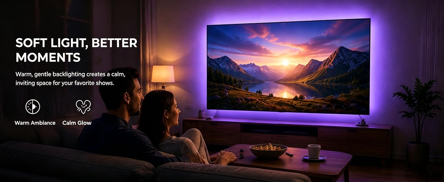 Soft, warm backlighting creates a calm space for cozy nights. Gentle glow for better moments.