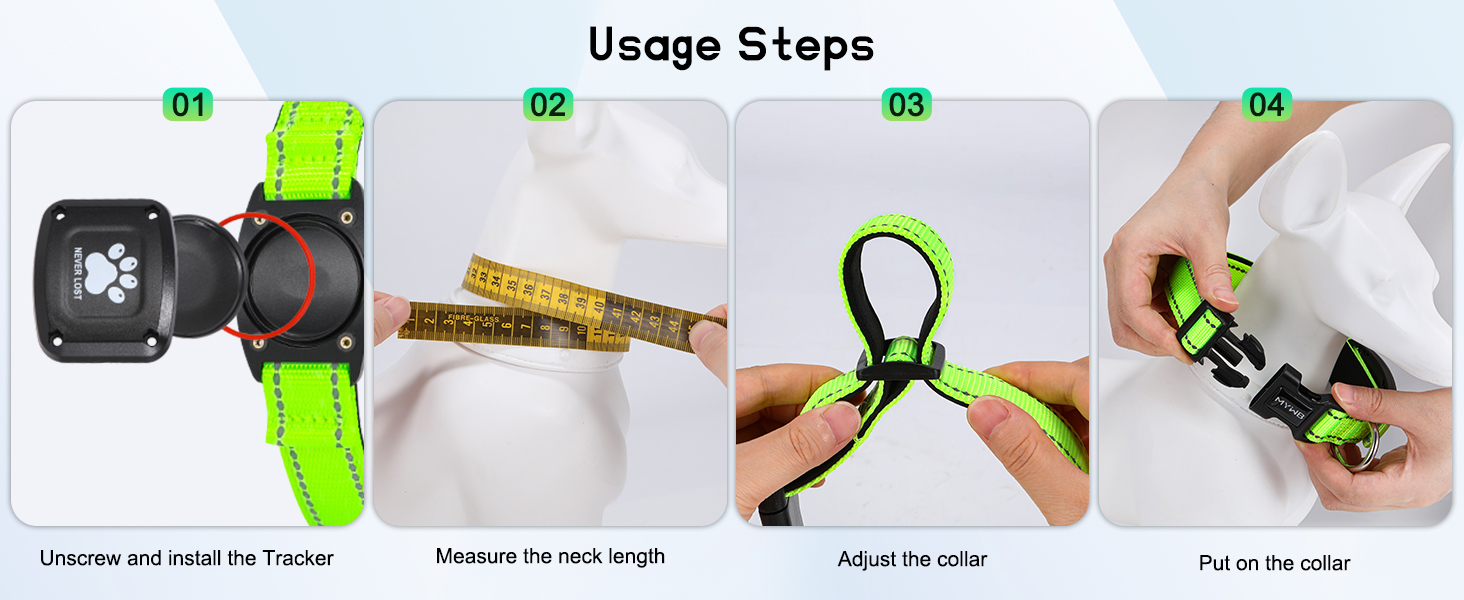 MYIWB Dog Collar Usage Steps: Install Tracker, Measure Neck, Adjust & Put On