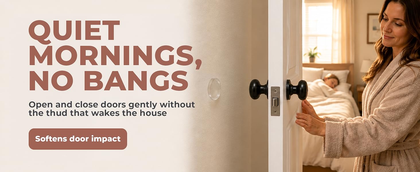Mom opens door quietly at night, door knob bumper softens impact without waking household silencio