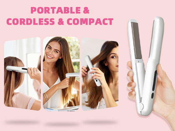 Portable cordless compace hair straightener for on-the-go styling.