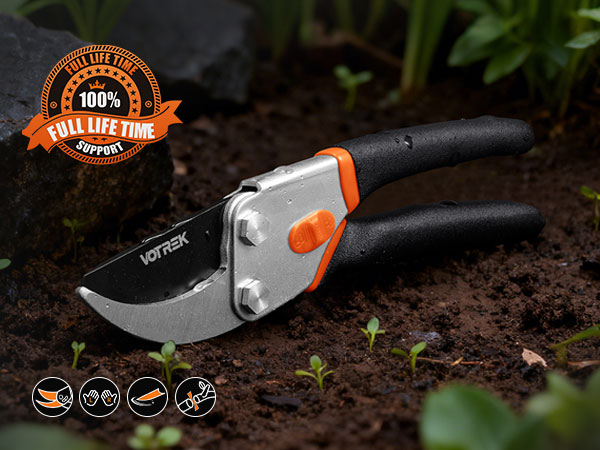 Garden tool with black handle and orange accents shown in soil with seedlings. Features quality certification emblems.