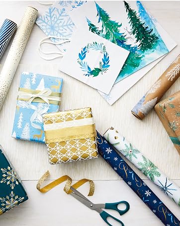 Blue, white and gold wrapping paper and gift bags for Christmas