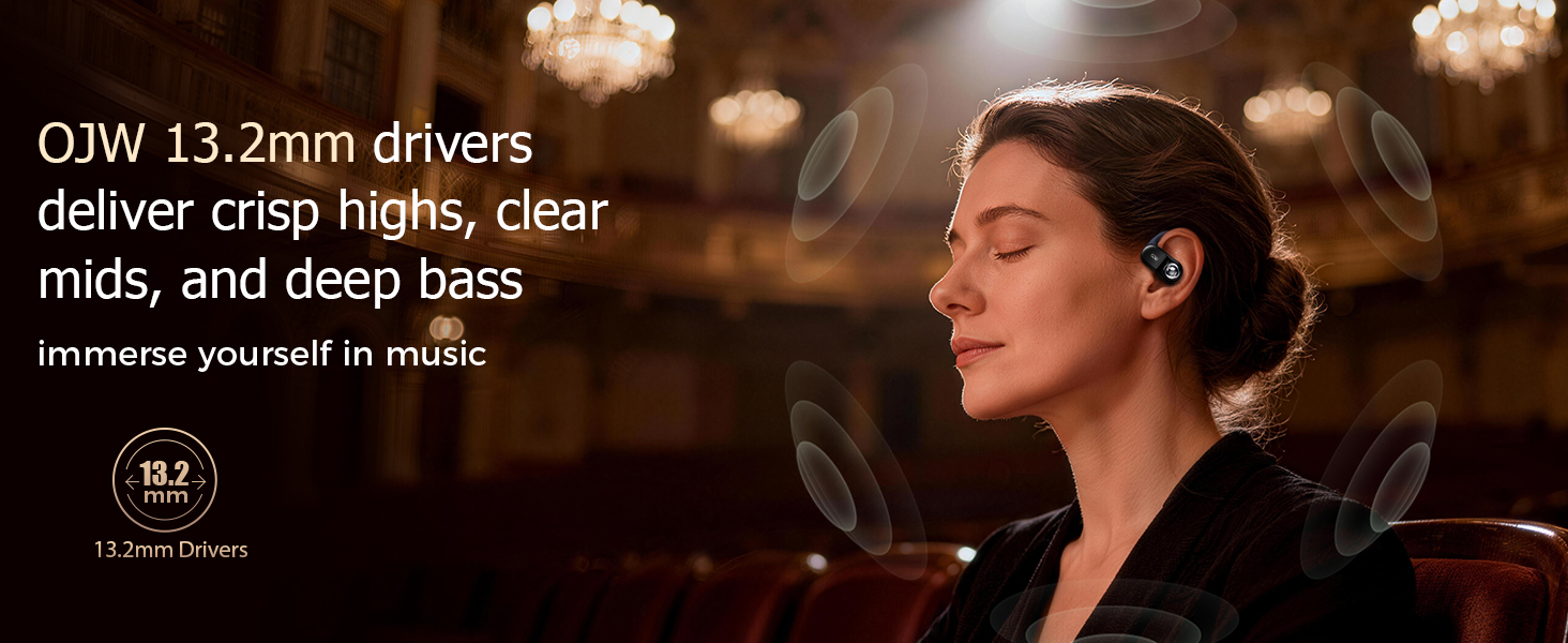 A woman closes her eyes, immersed in music as if at a live concert, thanks to the 13.2mm drivers.