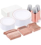 GATHER 350pcs Rose Gold Plastic Plates - Disposable Rose Gold Dinnerware Sets Includes 100 Rose G...