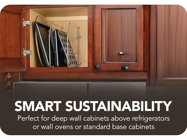 Image of Tray Dividers inside cabinet. Text reads: Smart Sustainability. ?