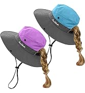 Kids Girls Ponytail Summer Sun Hat Wide Brim UV Protection Bucket Beach Cap…