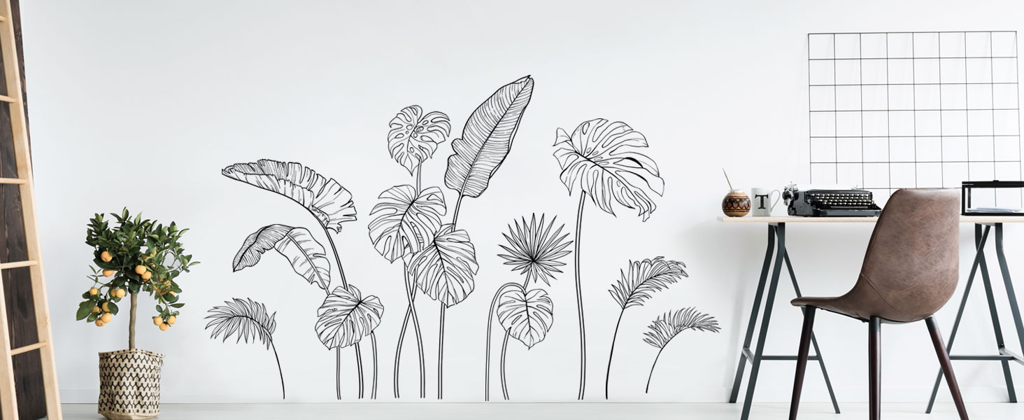 black tropical leaves wall decal