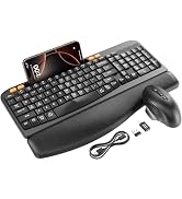 Wireless Keyboard and Mouse Combo, Ergonomic Wave Keys, Cushioned Plam Rest, Rechargeable, Phone ...