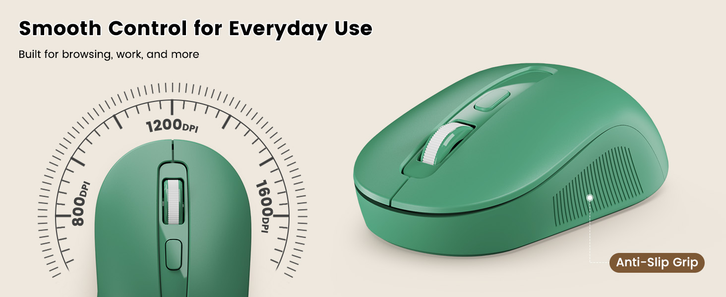 Forest Green wireless mouse with DPI switch and anti-slip grip for smooth everyday control.