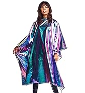 Brunette model with bangs wearing holographic all-purpose cape