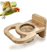 Bird Feeding Cup with Platform, Hanging Stainless Steel Parrot Feeding Bowl, Wooden Perch Stand, ...