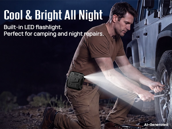 Built-in LED clip on shirt fan lights up night repairs, camping tasks, and dark work areas