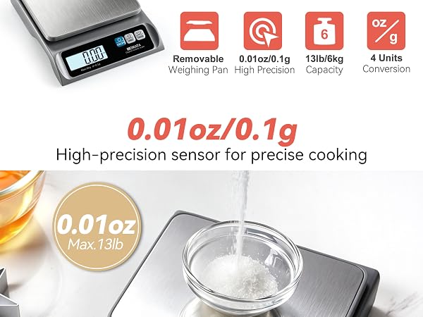 BOMATA 0.1g Food Scale, 13lb Digital Kitchen Scale with Removable Stainless Steel Pan
