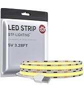BTF-LIGHTING FCOB USB Powered Warm White 3000K COB LED Strip Lights 3.28FT 320LEDs 5V 8mm Width 9...